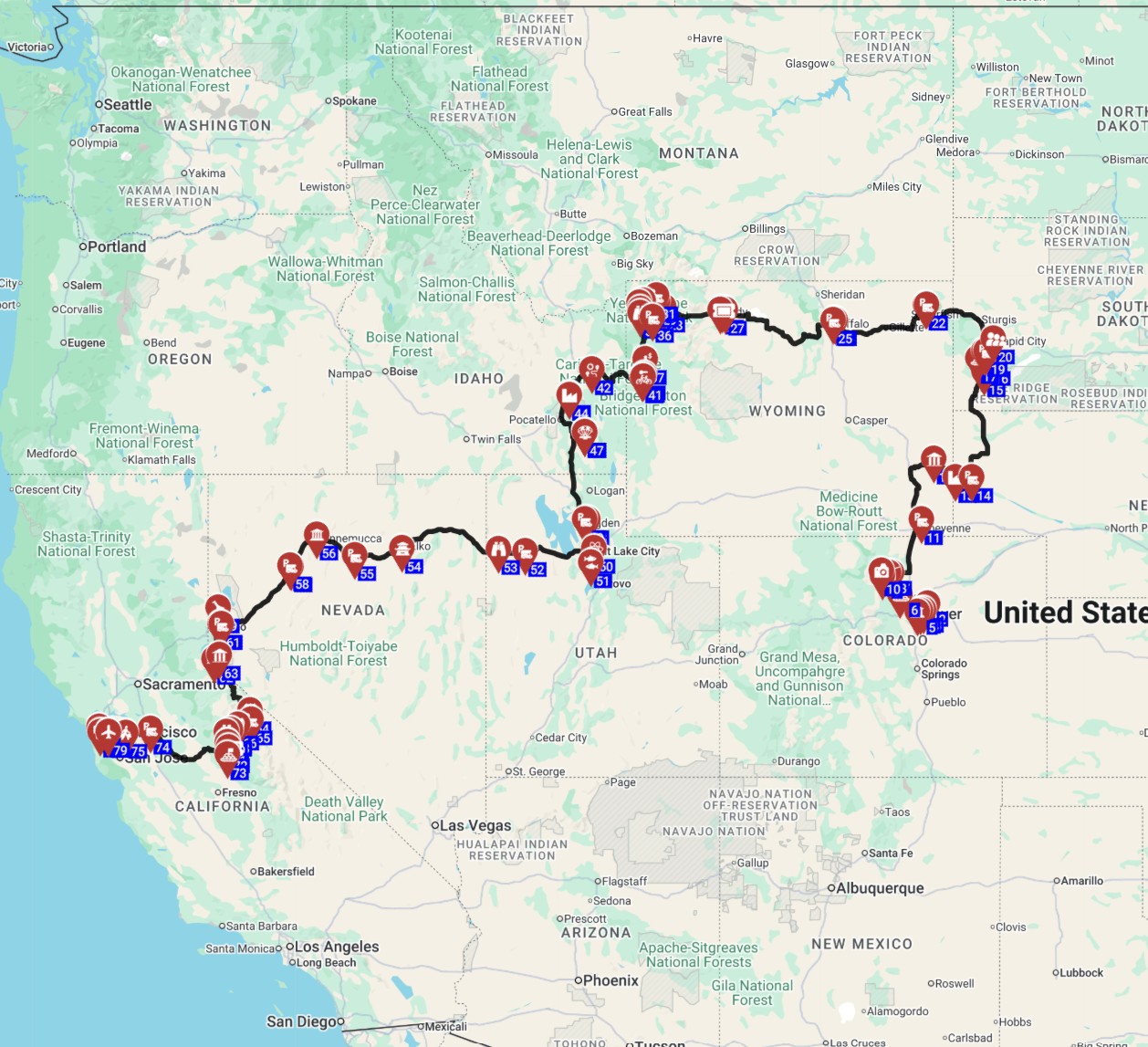 Map for טיול קראוונים בארהב תכנון מסלול מדנבר לסן פרנסיסקו
